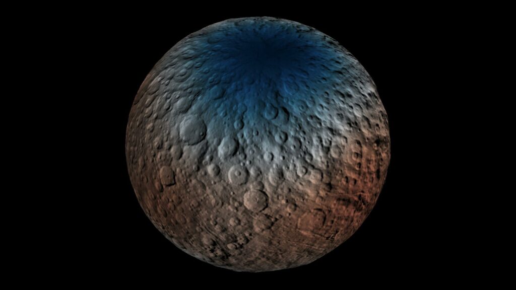 This map shows a portion of the northern hemisphere of Ceres with neutron counting data acquired by the gamma ray and neutron detector (GRaND) instrument aboard NASA's Dawn spacecraft. These data reflect the concentration of hydrogen in the upper yard (or meter) of regolith, the loose surface material on Ceres. The color information is based on the number of neutrons detected per second by GRaND. Counts decrease with increasing hydrogen concentration. The color scale of the map is from blue (lowest neutron count) to red (highest neutron count). Lower neutron counts near the pole suggest the presence of water ice within about a yard (meter) of the surface at high latitudes. Image Credit: NASA/JPL-Caltech/UCLA/MPS/DLR/IDA/PSI