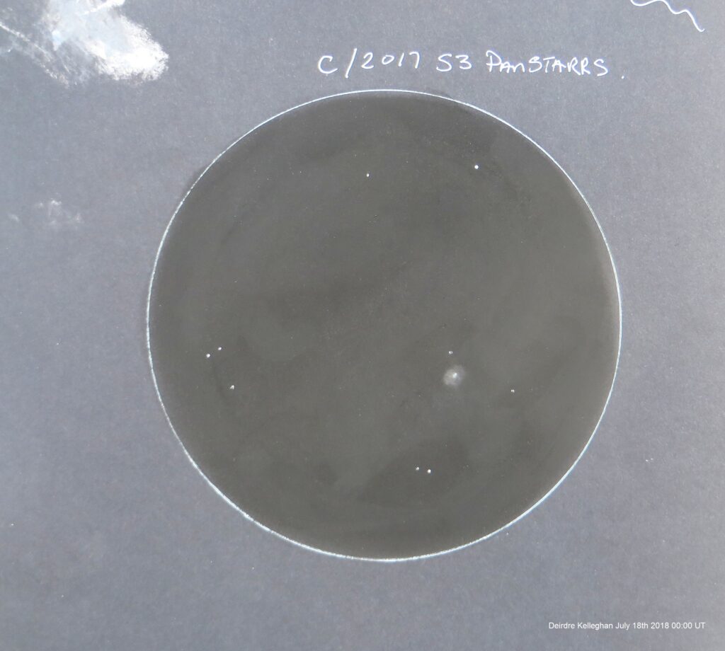 Comet -C/2017 S3 ( PanSTARRS) July 18th 2018 from Louisburgh Ireland The grey mess top left is grey and white pastel I rubbed into the card so I could pick it up on my fine brush to drop it in my drawing. 