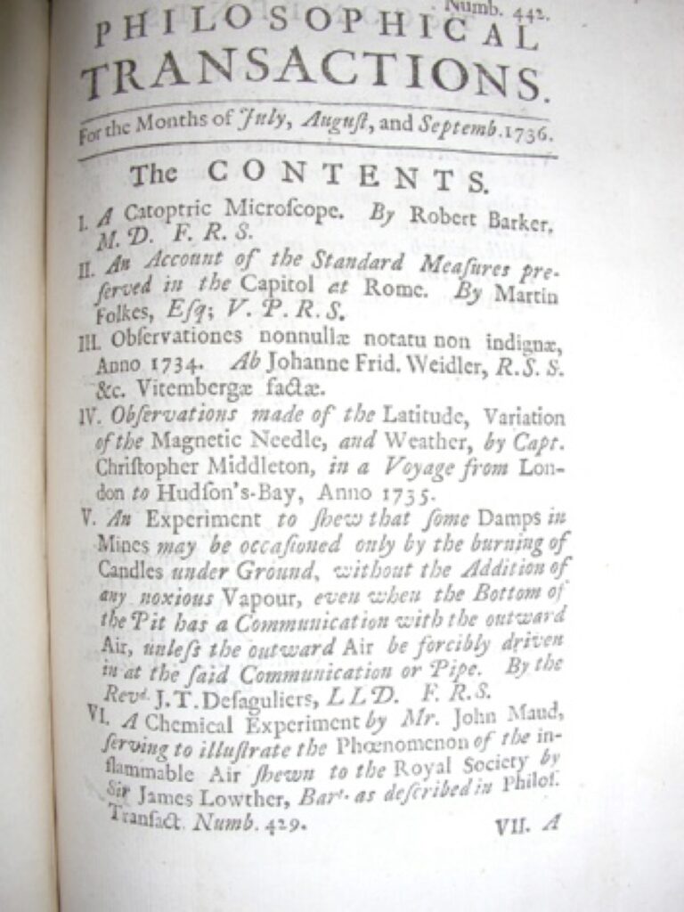 Table of Contents from the Philosophical Transactions of 1732. Notice that the authors are noblemen, doctors, and... clergy.