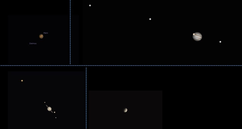 Clockwise from top left: simulated views of Mars, Jupiter, Venus, and Saturn as they appeared as seen through a telescope on the evening of July 29, 1922.