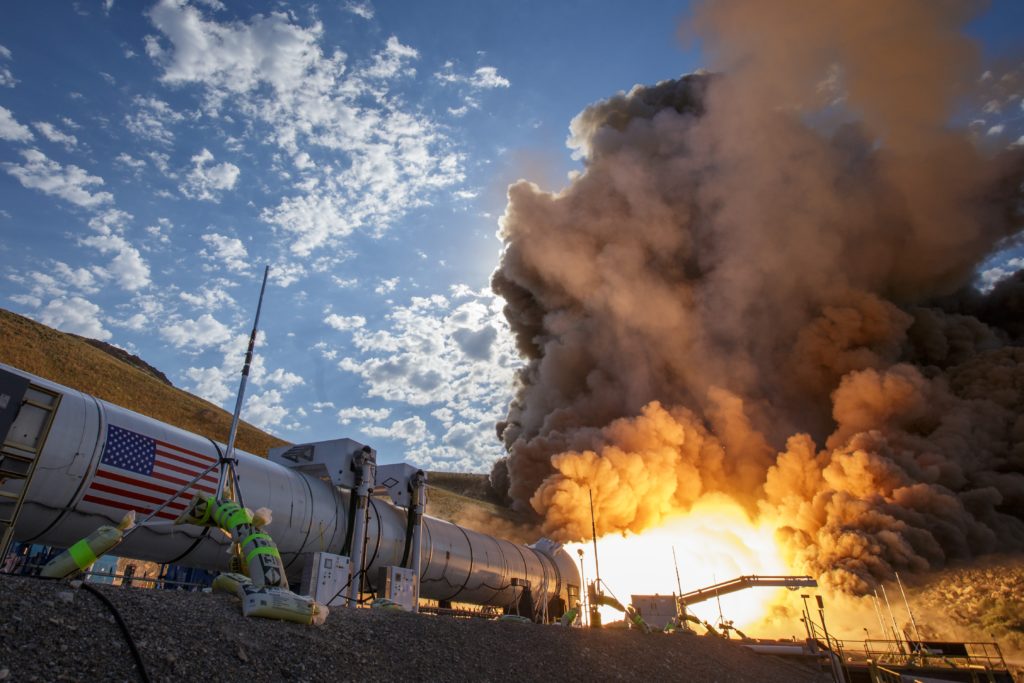 The second and final qualification motor (QM-2) test for the Space Launch System’s booster is seen, Tuesday, June 28, 2016, at Orbital ATK Propulsion Systems test facilities in Promontory, Utah. During the Space Launch System flight the boosters will provide more than 75 percent of the thrust needed to escape the gravitational pull of the Earth, the first step on NASA’s Journey to Mars. Photo Credit: (NASA/Bill Ingalls)