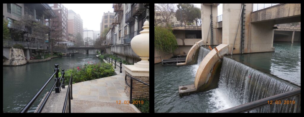 Carrying water in a more modern manner: Left—downtown San Antonio around the San Antonio River. Right—part of the works that makes the river what it is.