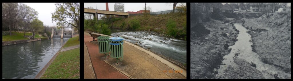 The river looks very different downtown (left), where it is dammed and controlled, than it does south of town, where it can be seen as the small stream it really is (center).  At right is the river in the 1950’s, prior to being reshaped. 