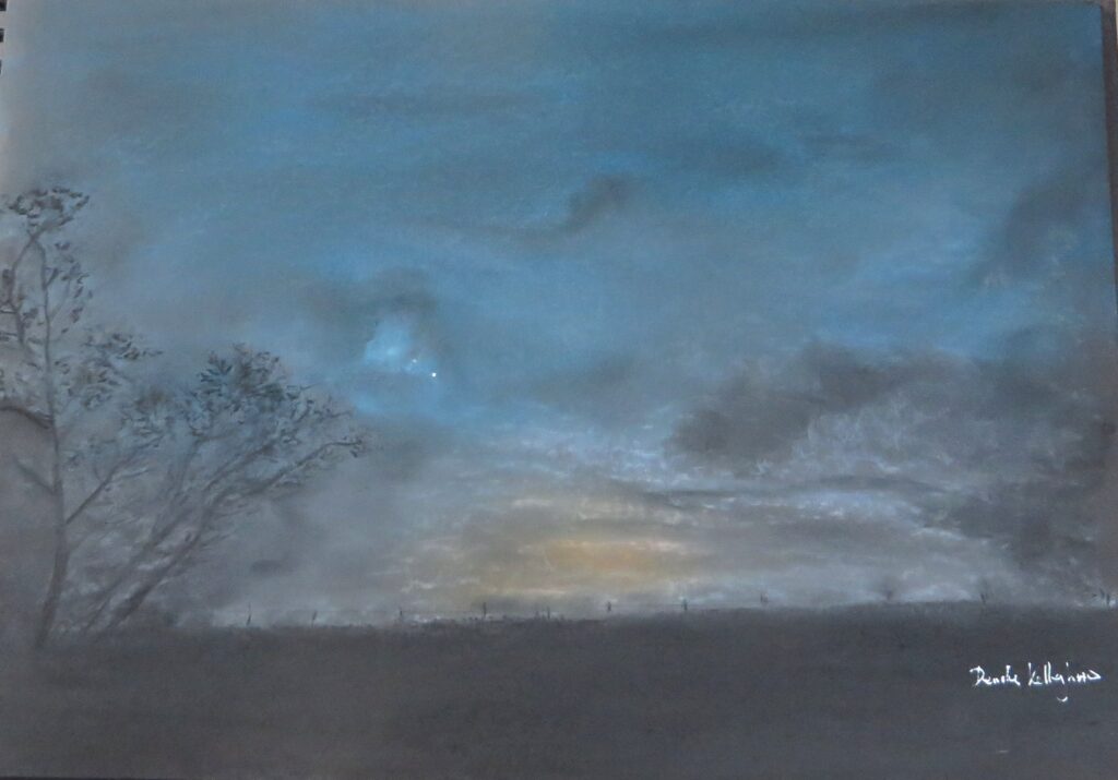 Saturn and Jupiter over Killadoon December 14th 17:25 Pastel drawing