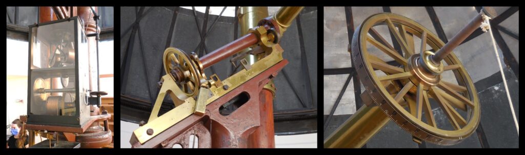 Left—a weight-driven “clock” drive that turned the telescope to follow the stars as they rise and set. This mechanism is no longer used; a small electric motor drives the telescope now. Center—the polar axle of the telescope. Right—the large, spoked declination wheel (that shows the celestial latitude toward which the telescope is pointing) that is so noticeable in the old photographs. The large counterweight visible in those photos has been removed.