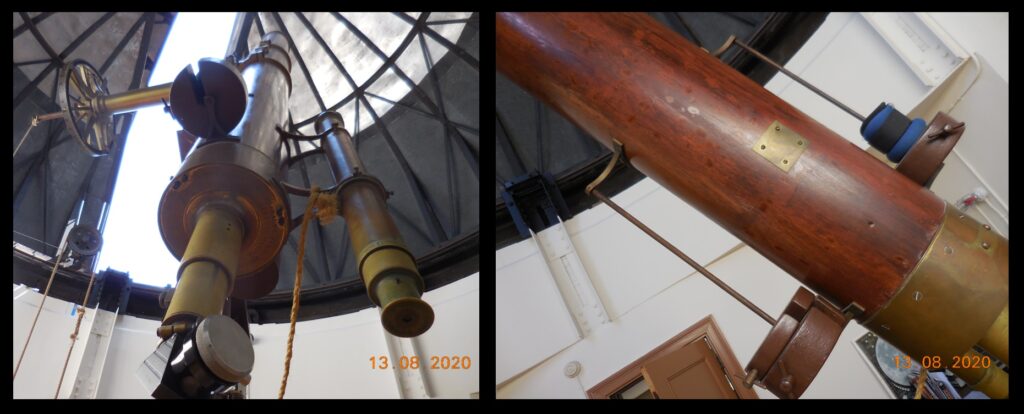 Left—looking at the Merz from the user’s point of view. Right—note the wooden tube. Note also the balancing weights. The large, spherical balancing weights visible in the sketches and old photos were replaced at some point. 