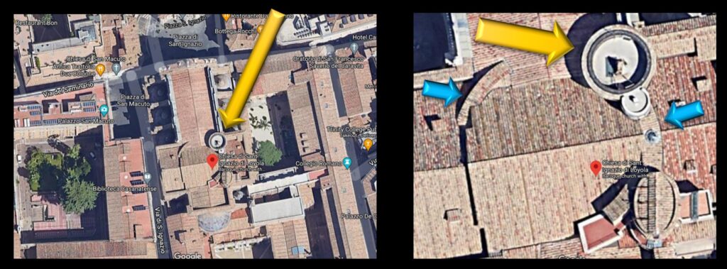 St. Ignatius church, as seen in Google maps. The site of the Merz dome is clearly visible (yellow arrow). The blue arrows show evidence of dome of the church that was never built.