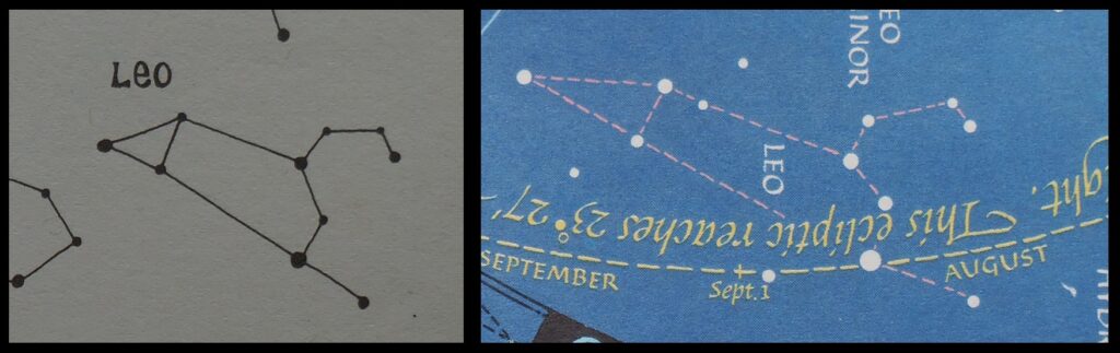 Two depictions of Leo outlined with ten or eleven stars rather than nine.  The depiction on the left is from an astronomy book for children; the depiction on the right is from an old National Geographic atlas.