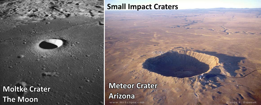 Moltke Crater (left). Credit: NASA/Apollo 10. Meteor Crater, Arizona. Credit: Fred Espenak.