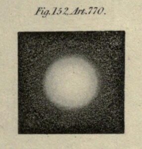 Illustration from John Herschel’s nineteenth-century Treatise on Light, illustrating the appearance of a star as seen in a very small telescope such as Galileo used.  The diameter of this apparent globe is what Galileo measured, but the globe is entirely spurious, a thing formed inside the telescope itself by the diffraction of light waves.