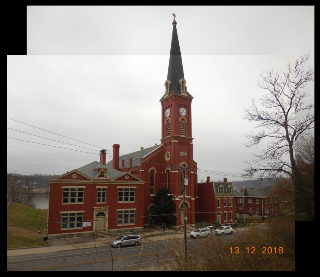 St. Rose Church, Cincinnati, Ohio.  The Ohio River is visible behind the church.