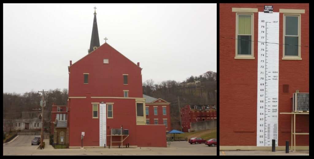 Another interesting and slightly “science-y” thing about St. Rose is that, since it has been sitting on the banks of the Ohio since 1868, it has seen a lot of floods, and there is a big flood gauge painted on the back of the church, with the levels of record floods marked.  In other words, there is a big measuring instrument and data record, if you will, on the back of the church, one that lots of people see!  Note the 1937 flood mark.