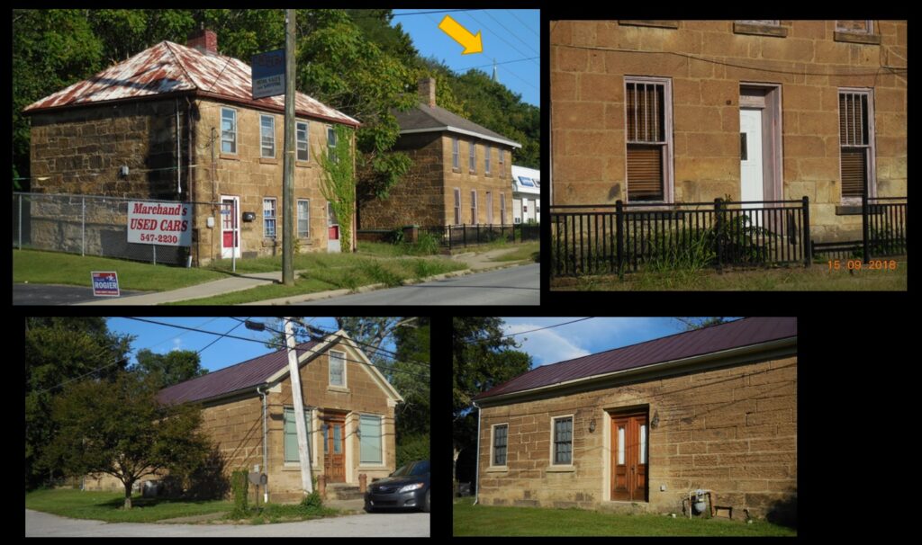 Three houses in Cannelton whose residents might have even less worry in severe weather than those who reside in the Cotton Mill Apartments. Both structures in the top row were built in 1850*. The right-side photo shows the thickness of the walls of these structures. The arrowed steeple in the left-side photo is St. Michael’s church. The house in the bottom row was built in 1887.*