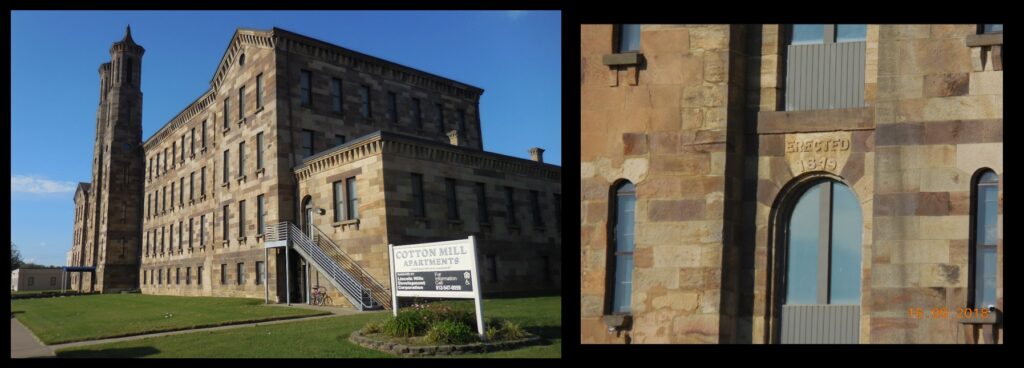 Left—The mill in Cannelton, Indiana. Right—detail of stonework in the mill: “Erected 1849”. This was a cotton mill that operated from 1850 to 1954.* It is now a National Historic Landmark, serving as The Cotton Mill Apartments, whose residents no doubt have less worry about severe weather than do those who dwell in less substantial structures.