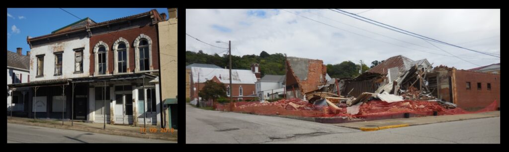 Cannelton is on the “10 Most Endangered” list compiled by Indiana Landmarks. The building seen at right collapsed into a pile of bricks this past summer.