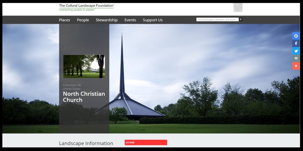 North Christian Church in Columbus, Indiana is on the “10 Most Endangered list of Indiana Landmarks”. This screen shot from the web page of the Cultural Landscape Foundation shows the church, built in 1964, as “at risk”.