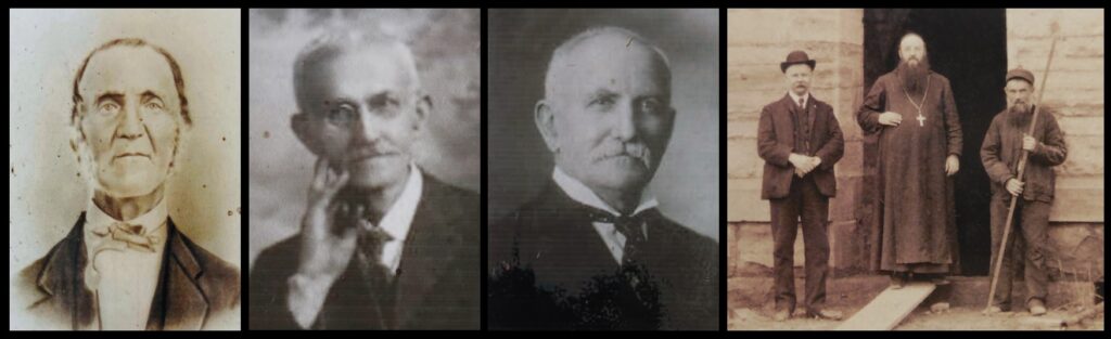 The three portrait photos are, from left to right: Peter George, Frank J. George, and John P. George. The photo at far right is from the 2004 book To Draw Down Heavenly Dew: 150 Years of Monastic Life, Prayer and Work at Saint Meinrad Archabbey, showing “Abbot Athanasius Smith with some workmen building the Archabbey Church in March 1905”. The man on the left in this photo appears to be John P. George.