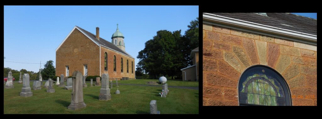 Left—Holy Cross Church in St. Croix, Indiana, a few miles north of the Rickenbaugh House. Right—detail of stonework in Holy Cross Church. The church was constructed in 1881.