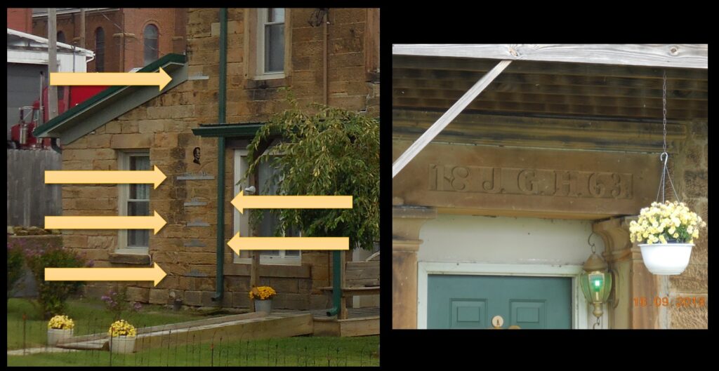 Details from the Nester’s Hotel building. Left—Steel markers (arrowed) on the side of the building show the levels of various Ohio River floods, the highest being in 1937, and the most recent being in 2018. Right—Above the front door is carved the date of 1863 and John G. Heinzle’s initials. Heinzle and those who worked with him to create this structure built a thing that has endured for over 150 years and through repeated flooding. It remains a sturdy and useable structure that continues to provide benefit to people even now: it is currently a carefully maintained dwelling with an enviable view of the Ohio River.