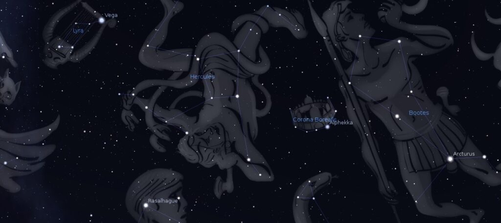 Some of the stars of the summer sky as represented by the Stellarium planetarium app.