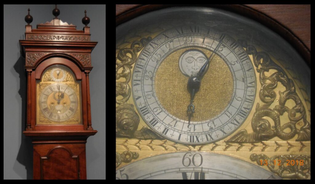  A tall-case clock in the Cincinnati Art Museum’s collection. The clock shows the phase of the moon, and how many days have passed in the lunar cycle—very cool. The clock was made by the Philadelphia clockmaker Peter Stretch, and dates to about the year 1740. (All information in this post regarding items from the Cincinnati Art Museum comes from the museum.)