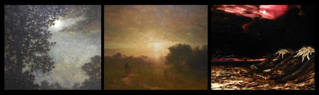 These are some of the works in the Cincinnati Art Museum that have some representation of the sun or moon. From left to right, these are portions of “Moonlit Lake” (by Ralph Albert Blakelock, painted 1890), “Golden Sunset (George Inness, 1862), and “The Premonition” (Paul Marioni, 1981).