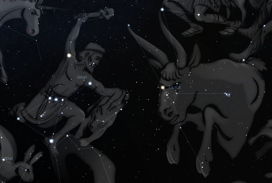 Taurus (the bull) lies between Orion (the hunter) and the Pleiades star cluster. 