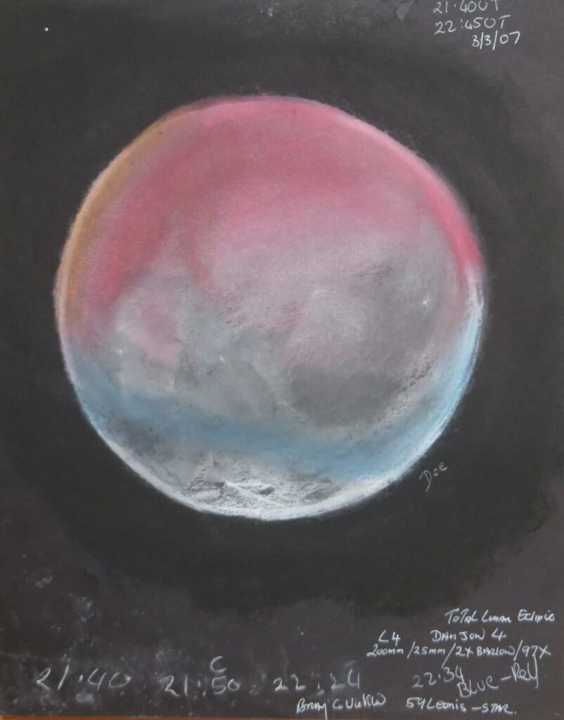 This is a pastel drawing of a Total Lunar Eclipse on March 3rd 2007 . The drawing took from 21:40 Universal Time till 22:50 Universal Time to compleate . It shows the red , rusty , blue and yellow colours developed during the total eclipse 