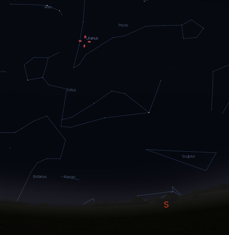 Uranus in Pisces, in the southern sky at midnight, Oct. 24, 2017