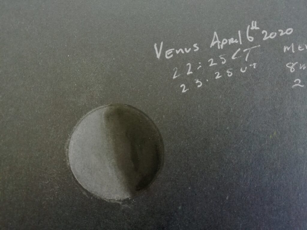 Venus Sketch - Meade LX90 200mm/ 2000 mm Focal Length /8mm eyepiece / 250X / 23:25 UT. 