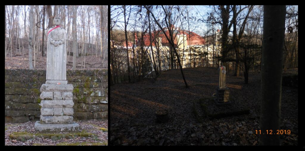 A statute of St. Ignatius (left) currently stands on the foundation of the old Lourdes church, overlooking the West Baden Springs Hotel (right).