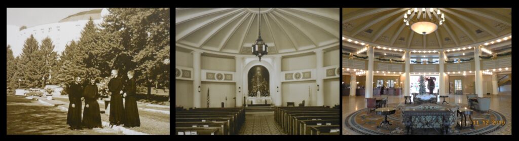 Left to right: Jesuits at West Baden College; a section of the hotel, converted into a chapel for the college; that same section now serving as the front desk of the hotel.