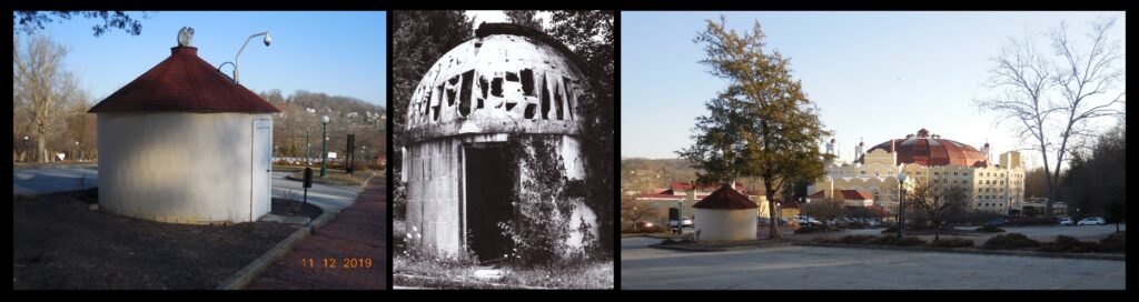 Left: The West Baden College observatory today. The dome has been removed and replaced with a conical roof. The structure is not being used as an observatory and has no instrument. Center: The observatory was abandoned after West Baden College closed in the 1960s. The dome, while in ruins, is obvious in this older photo. Right: the observatory and the West Baden Hotel today. The observatory was likely the project of Fr. Joseph R. Habes, S.J.; Fr. Habes wrote two articles for Sky & Telescope magazine, one in September of 1943, entitled “Saluting an Astronomer”, and one in October 1944, “Aristotelian Cosmology or A Romance of Manhattan”. He is identified in these articles as being from West Baden College. The observatory might have been outfitted with a 5” refractor. An Astromart advertisement from some years ago features “an old brass 5-inch F-15” for sale that had been “found in the attic at an old hot springs resort in Baden Springs, Indiana, that had been taken over by the Jesuit priests”. (The springs are not hot.) The advertisement says the telescope was found by a Fr. Carrera, “a priest who used to be at John Carroll University” who the seller believed was “still on the staff of the Vatican Observatory”. The observatory building is not large; it would be about right for a telescope of that size.