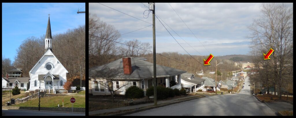 Left: Our Lady of the Springs in French Lick. Right: A street view of French Lick. Arrows indicate Our Lady of the Springs and the French Lick Hotel.