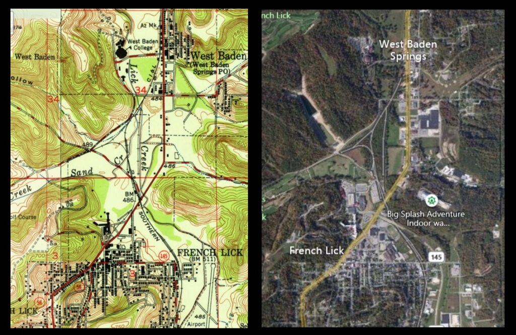 Left: 1951 map of the Springs Valley. Right: Present-day satellite view.