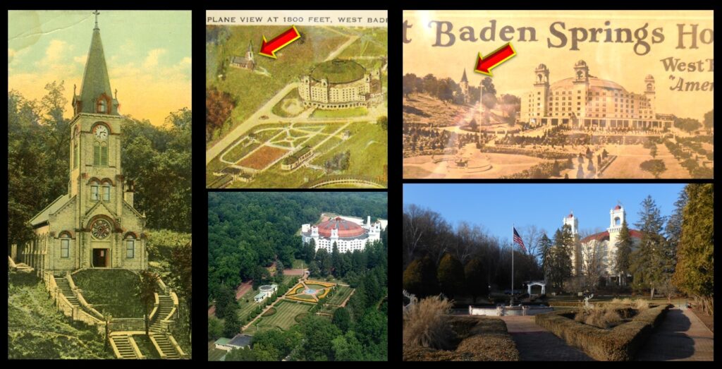 Left: Our Lady of Lourdes Church. Center: Pre-1930 aerial view from above of Lourdes (arrowed) and the West Baden Hotel, with a present-day view below. Right: Pre-1930 photo showing the church (arrowed) and the hotel, with present-day view below.