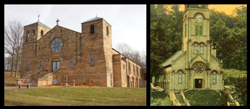 St. Raphael in Dubois, Indiana (left). Note the round window, visible in the photo of Lourdes (right).