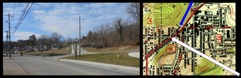 This intersection in the photo (left) is indicated by the white arrow on the 1951 French Lick map (right). Were this photo taken in the mid-20th century, there would be a dozen more homes in the picture. This is just around the corner from Our Lady of the Springs (blue arrow on the 1951 map) and just a few blocks from the French Lick Hotel.