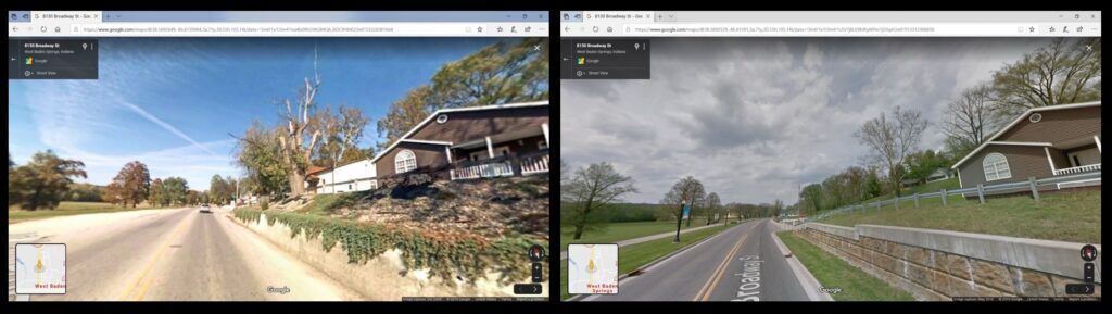 Google Street View images of the primary street in West Baden Springs show the disappearance of homes over a decade. The image on the left is from October 2008; the image on the right is from May 2018.