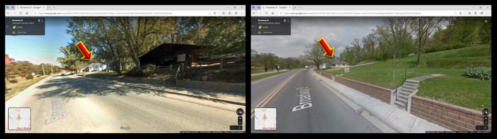 Another pair of Street View images of the same street, but at a different address. The arrows indicate the same home in both images.