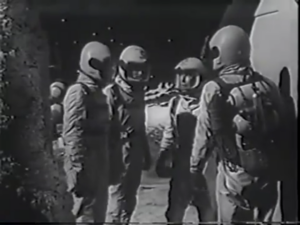 Space-suited astronomers arrive at the lunar observatory. Copyright 1959 Ziv Television Productions.