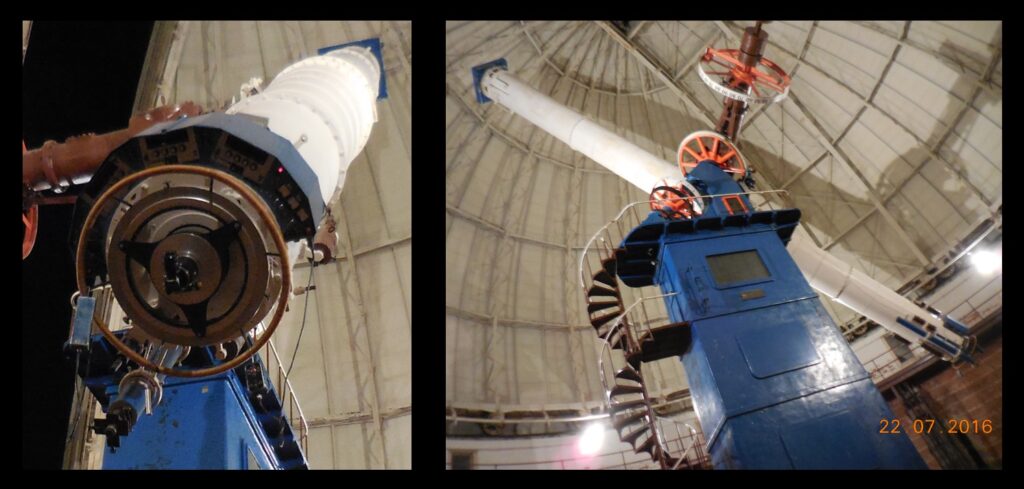 Left—the eye lens end of the refractor.  Right, the refractor is big.  See the spiral stair for a sense of scale.