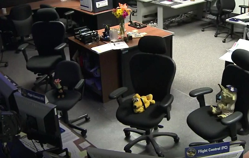 In the Mission Operations Center, deserted by humans, Pluto, Yoda, and a bear in a party hat monitor the Flight Control stations. Photo: NASA.