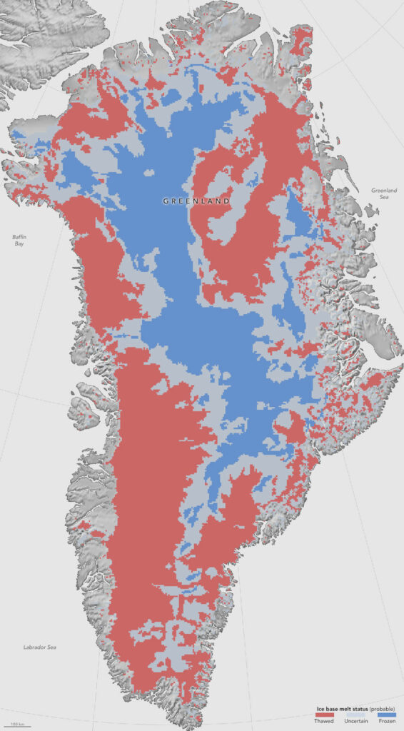 The first ever map of Greenland's underground ice. Credits: NASA Earth Observatory/Jesse Allen