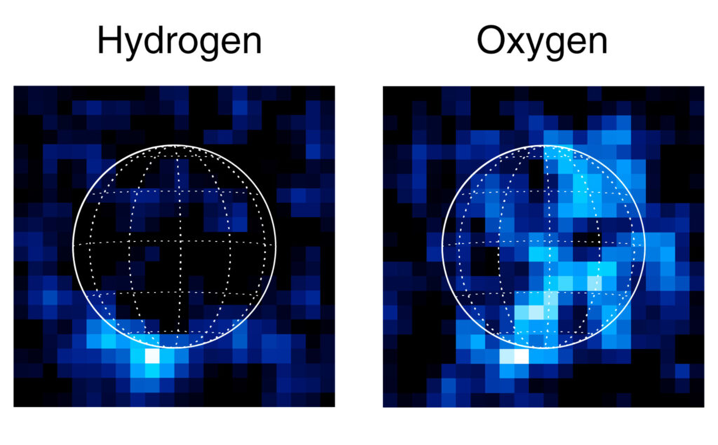 Ultraviolet Images from the Hubble of 2012 vapor plumes. Image Credit: NASA/L. Roth 