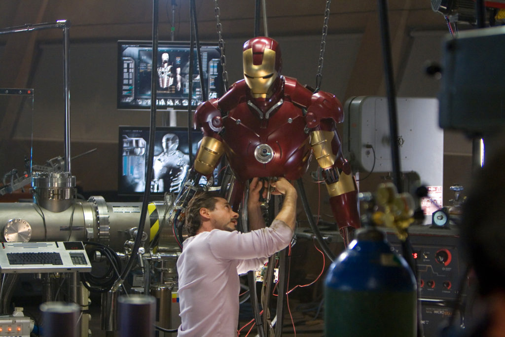  In his workshop, Tony Stark (Robert Downey Jr.) works on his Mark III armor in 