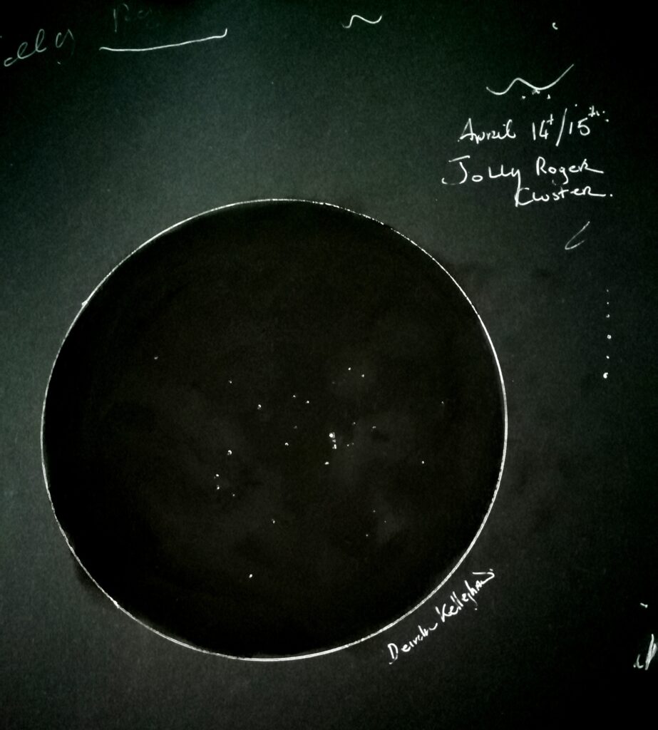 April 14th started - finished April 15th - NGC 1502 - The Jolly Roger Star Cluster aka The Golden Harp Cluster in Camelopardalis. Pastels and Gel pen on black pastel. Meade LX 90 / 200mm/ 32mm eyepiece/ 2000mm Focal Length / 62X 