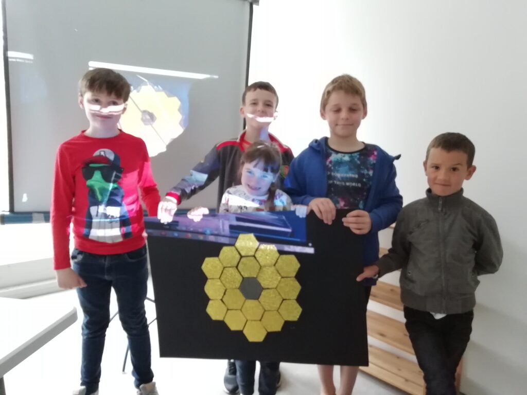 My small group at Space Camp in Louisburgh. Proud of their new James Webb replica mirror and knowledge !!