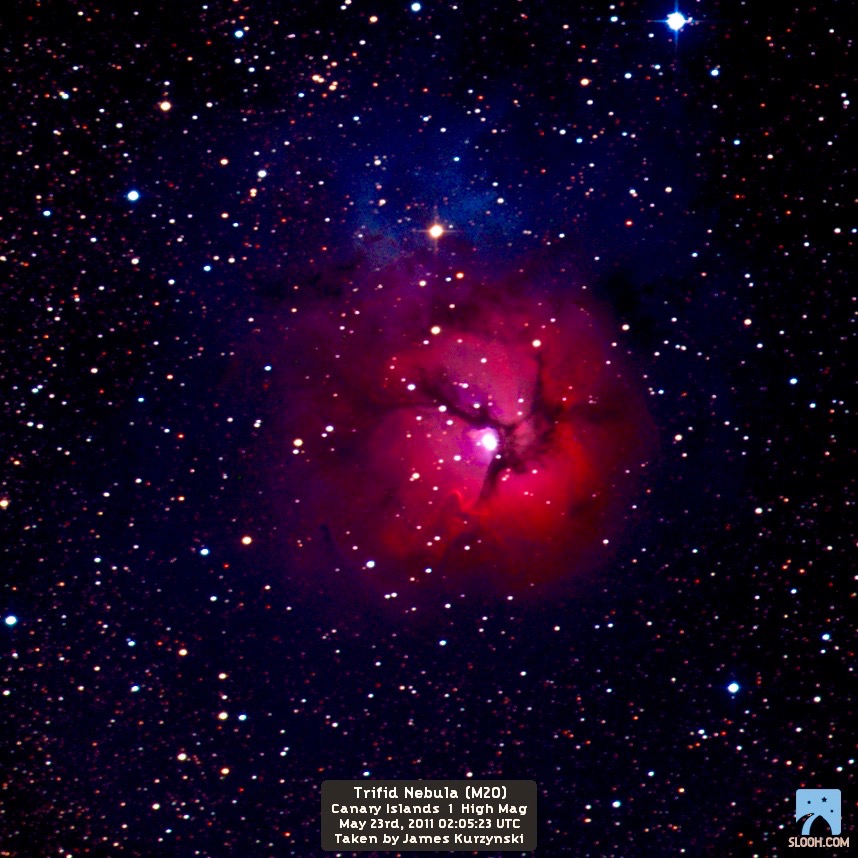 One of my favorite object, the Triffid Nebula. Though digitally altered, this object always evokes a sense of Awe and Wonder in me. Credit: Slooh.com