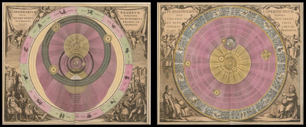 The illustration behind Galileo is from the Harmonia Macrocosmica of Andreas Cellarius, as seen here. The left-hand figure is Macrocosmica's illustration of the Tychonic system. The right-hand figure is Macrocosmica's illustration of the Copernican system (the one Galileo supported).